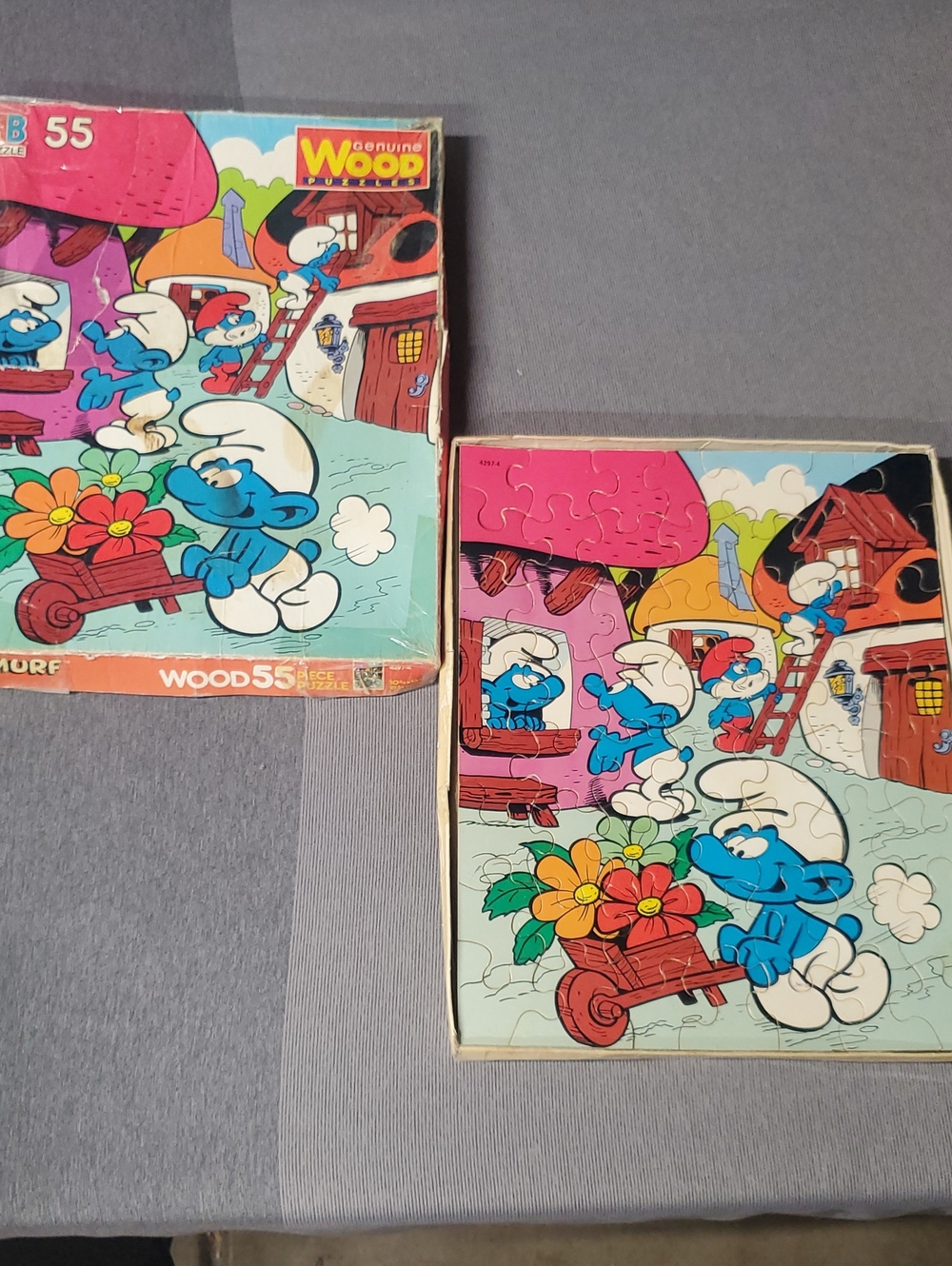 1982 MB Smurf Wooden Puzzle 55- Piece Village Sunflower Scene